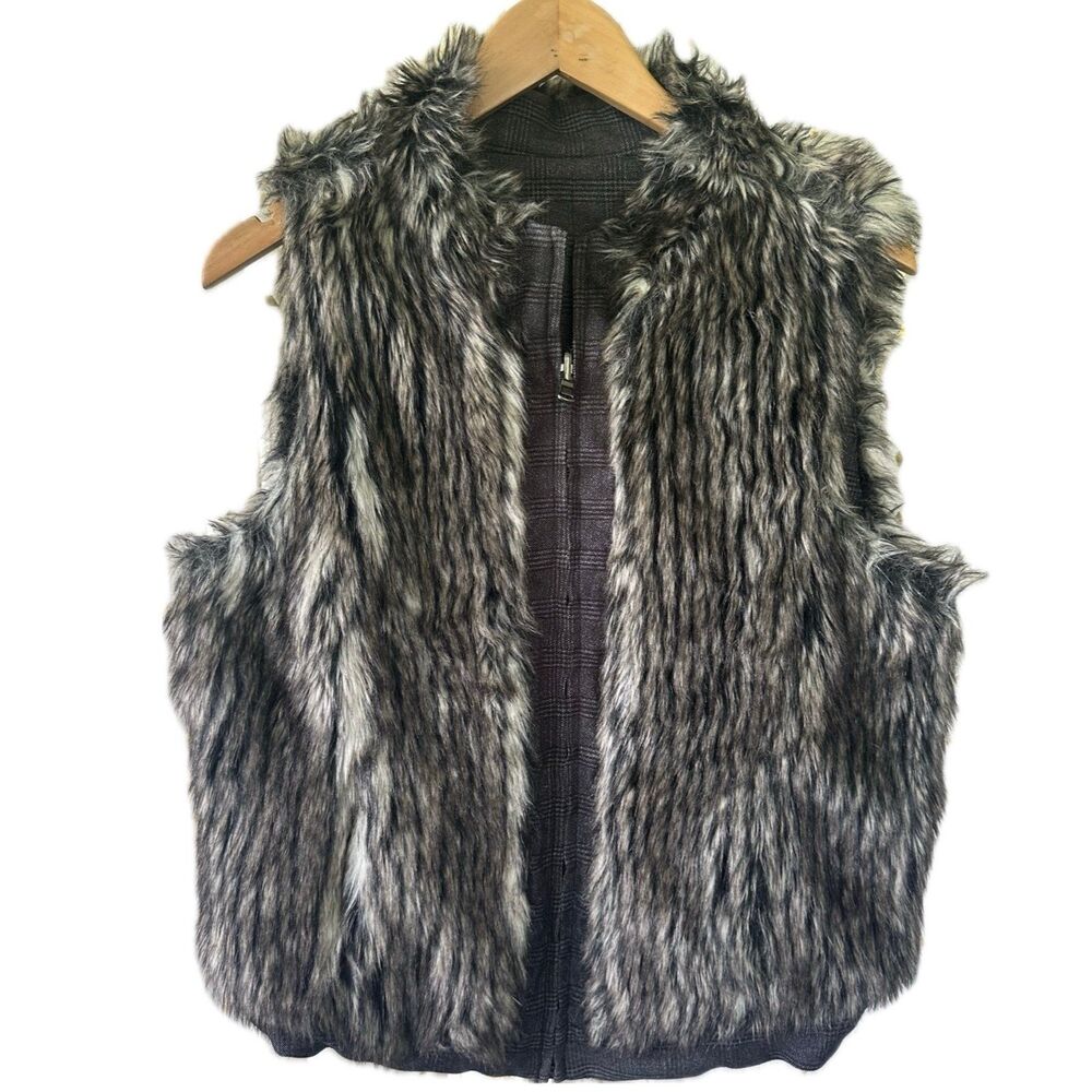Calvin Klein Women's Reversible Plaid Faux Fur Zip Up Dual Pockets Vest XL